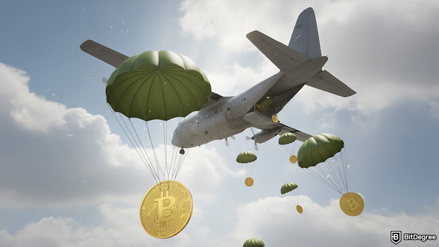 Best crypto airdrops: coins dropping from the airplane.