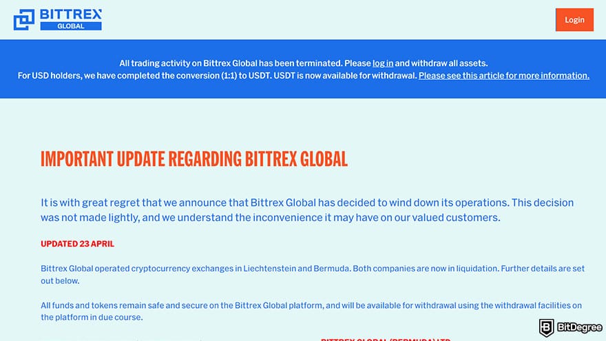 Best crypto app: Bittrex global page shut down.