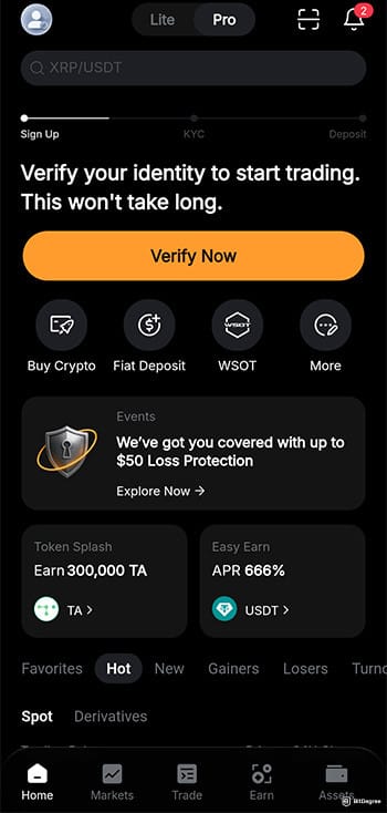 Best crypto app: Bybit app home screen.