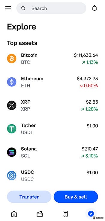 Best crypto app: explore tab on Coinbase app.