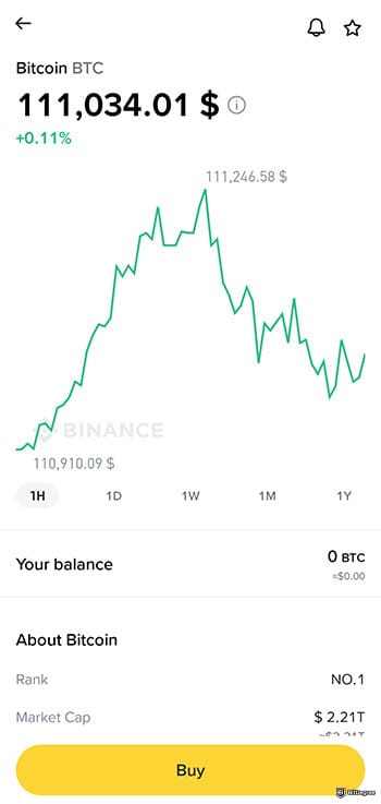 Best crypto app for beginners: Bitcoin price chart on Binance app.