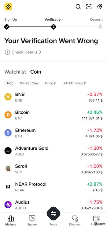 Best crypto app for beginners: Binance app main page.