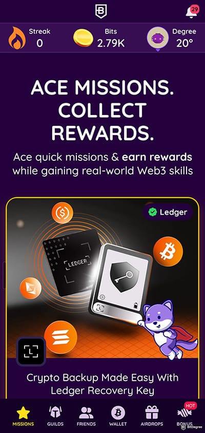 Best crypto app for beginners: the BitDegree Missions app.