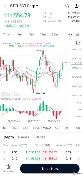 Best crypto app for beginners: BTC/USDT pair on BTCC app.