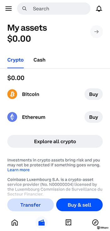 Best crypto app for beginners: Coinbase "My assets" tab.