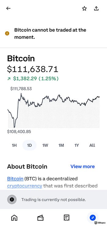 Best crypto app for beginners: Bitcoin price chart on Coinbase app.