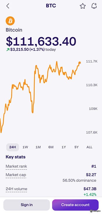 Best crypto app for beginners: Kraken app Bitcoin price chart.