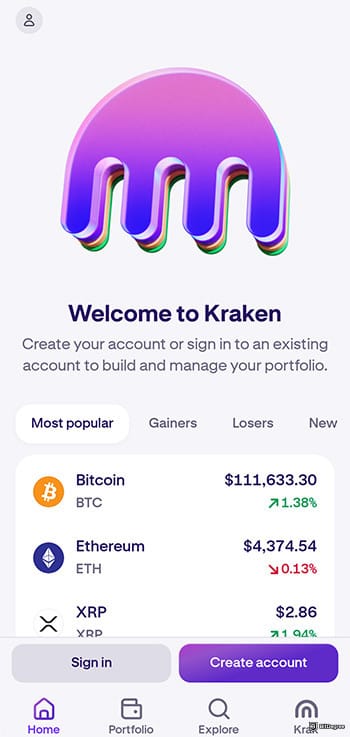 Best crypto app for beginners: Kraken app welcome screen.