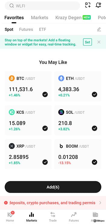 Best crypto app for beginners: KuCoin spot trading tab.