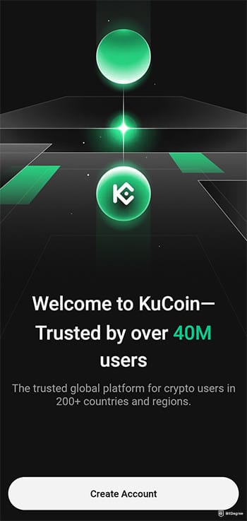 Best crypto app for beginners: KuCoin app wecome screen.