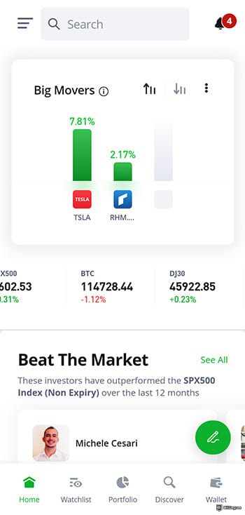 Best app for crypto trading: eToro big movers.