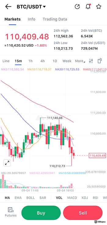 Best crypto app: Bitcoin candlestick chart on MEXC app.