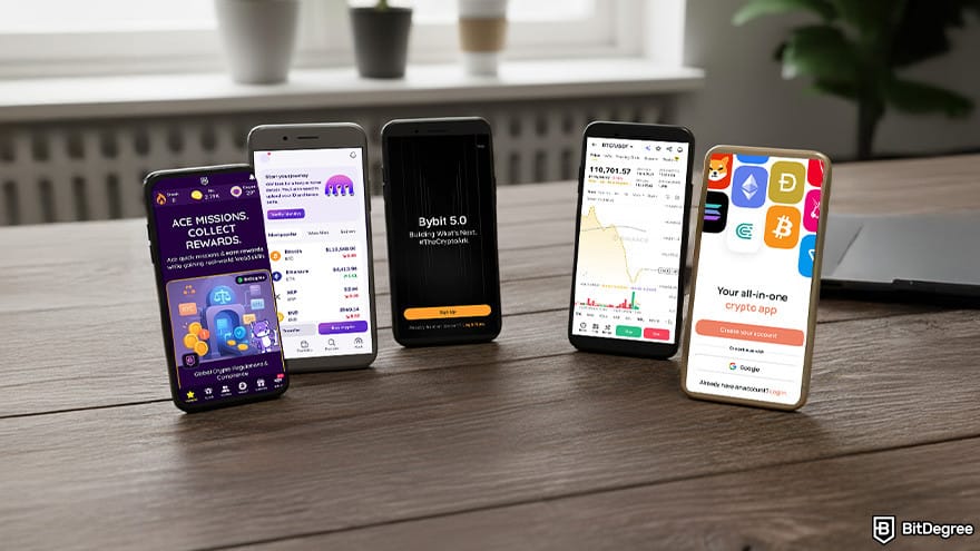 Best crypto app: phones with different crypto apps on the table.