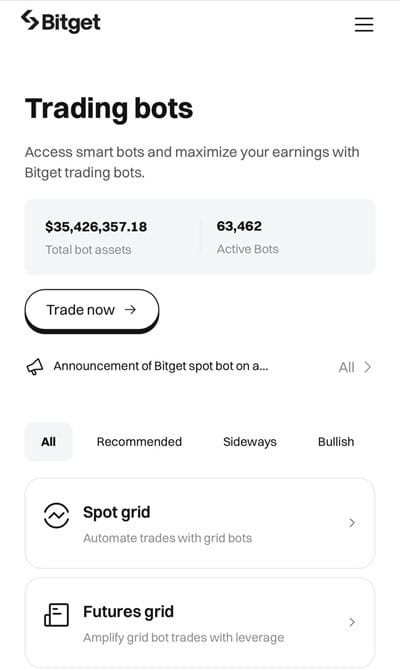 En iyi kripto arbitraj botu: Bitget'in ticaret botları.