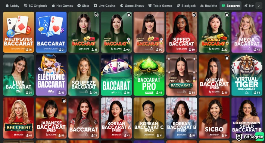 Best crypto baccarat sites: baccarat game selection on BG.Game.