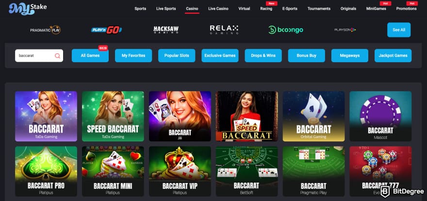 Best crypto baccarat sites: baccarat game selection on MyStake.