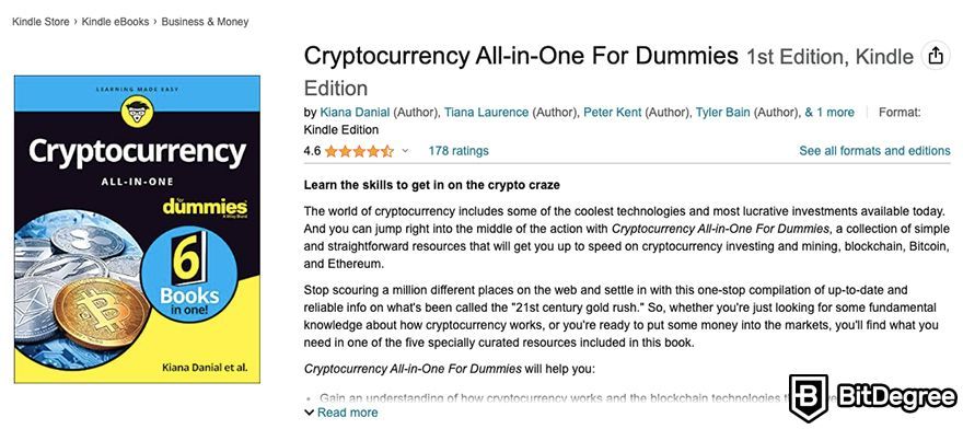 Best crypto books: Cryptocurrency All-in-One For Dummies by Kiana Danial, Tiana Laurence, Peter Kent, Tyler Bain, and Michael G. Solomon.
