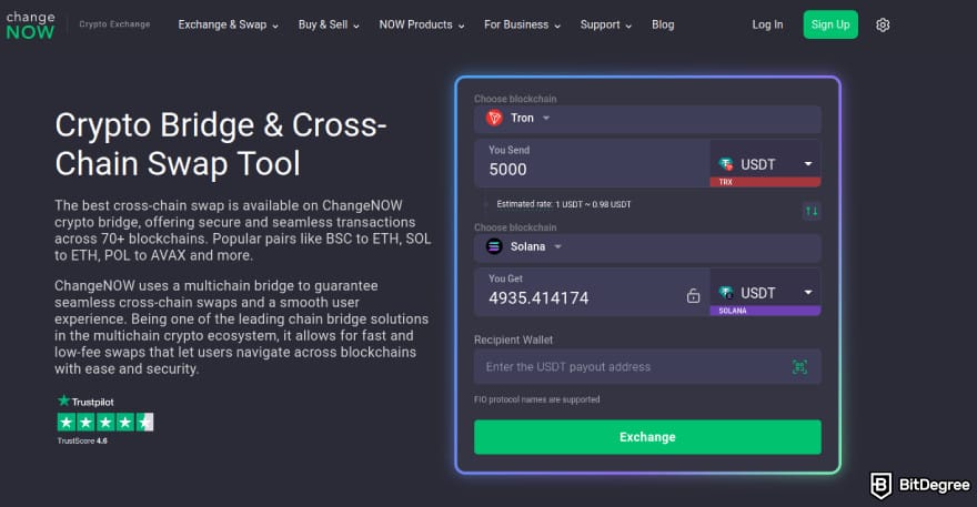 Best crypto bridges: ChangeNOW's bridge and swap interface.