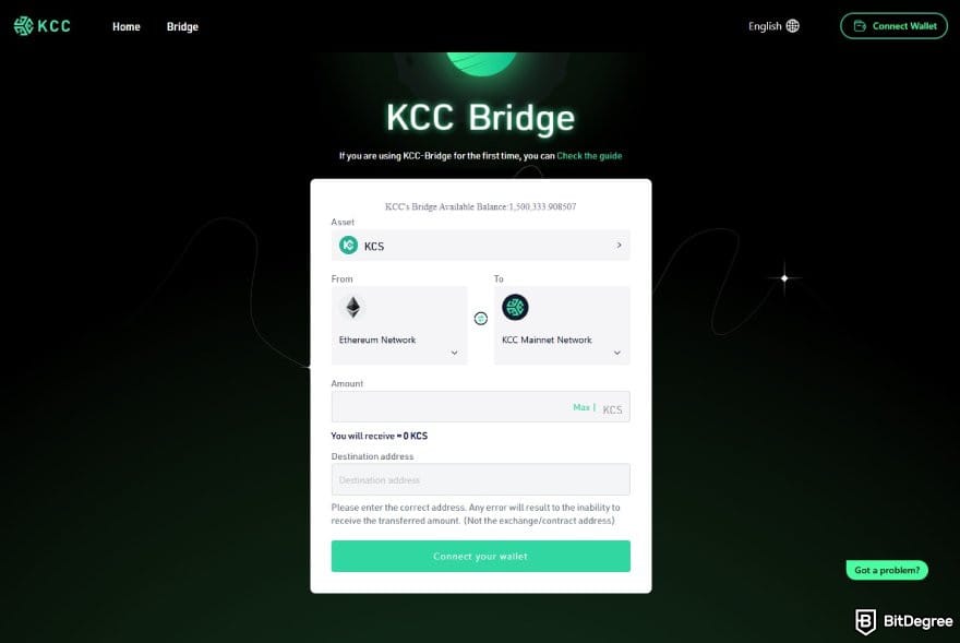 Mejores Puentes de Criptomonedas: la página del Puente en el sitio web de KCC.