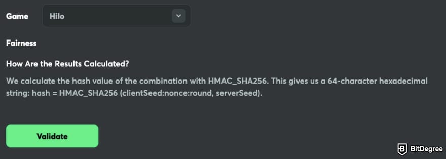 Best crypto casino: BC.GAME provably fair validation.