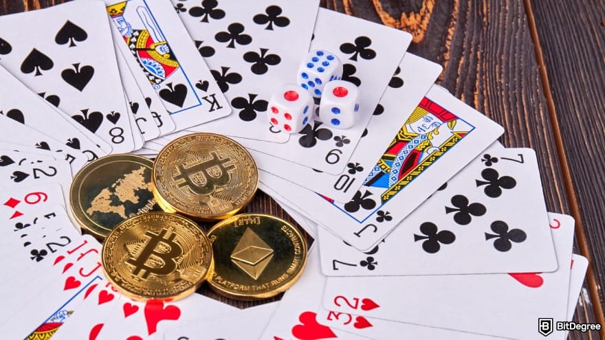 Best crypto casino Canada: cryptos, cards, dices on wooden background. Best crypto casino Canada: cryptos, cards, dices on wooden background.
