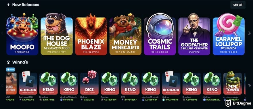 Best crypto casino Canada: Winna's new releases and prizes shown on the lobby.