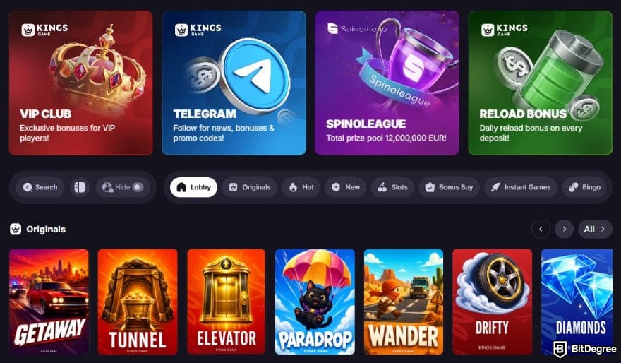 Best Crypto Casino: Kings.Game homepage.