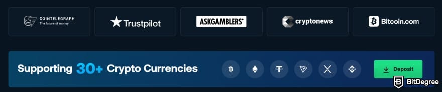 Best crypto casino UK: homepage banner highlighting media mentions and support for 30 plus cryptocurrencies. Best crypto casino UK: homepage banner highlighting media mentions and support for 30 plus cryptocurrencies.