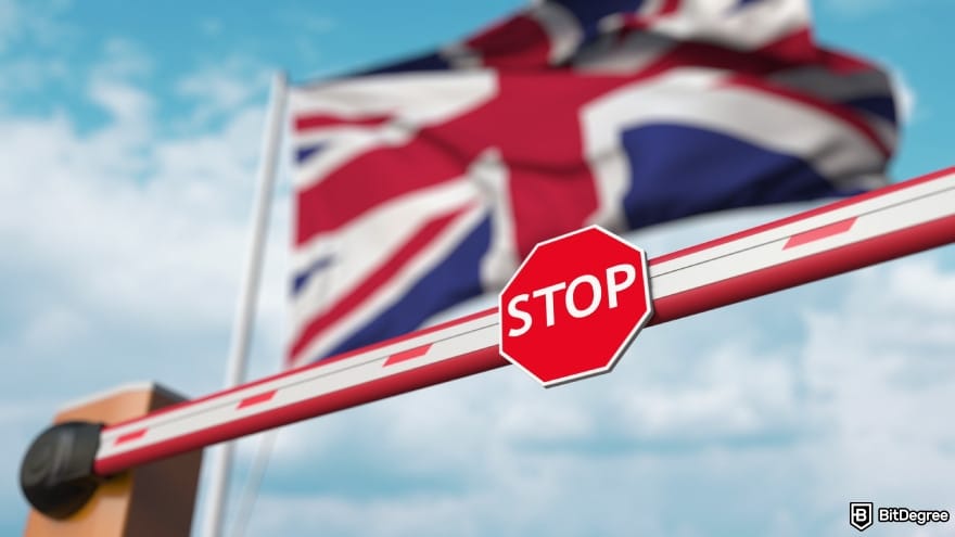 Best crypto casino UK: barrier gate being closed with flag of the United Kingdom. Best crypto casino UK: barrier gate being closed with flag of the United Kingdom.