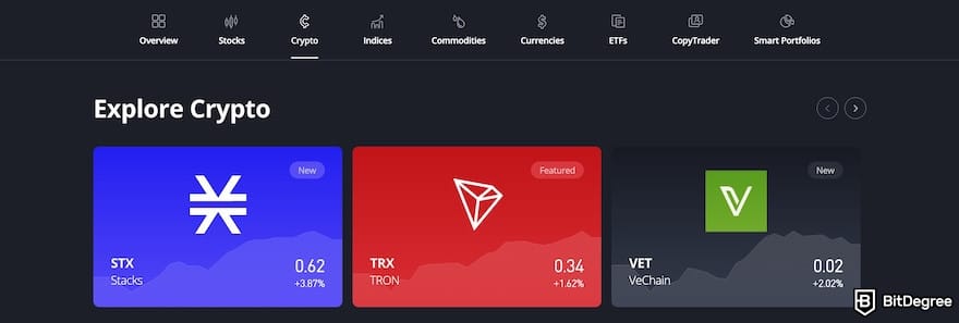 Best crypto CFD trading platform: eToro markets, showing different cryptocurrencies in cards.