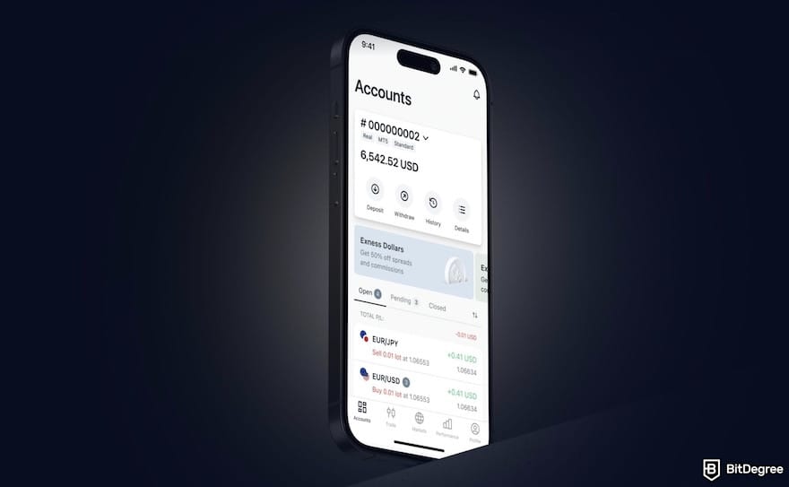 Best crypto CFD trading platform: the Exness mobile interface.