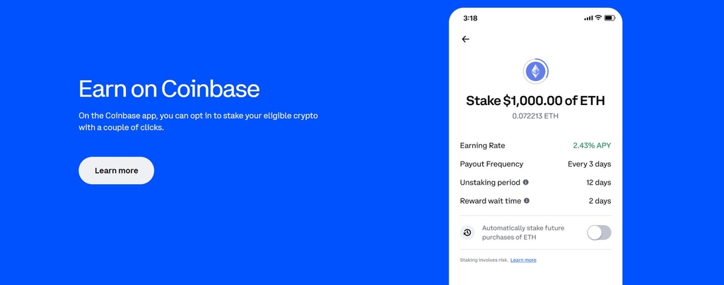 Best crypto earning app: the Coinbase staking feature.