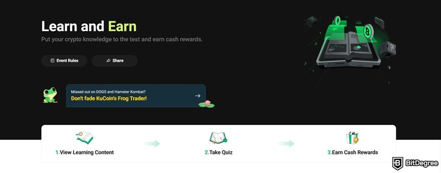 Лучшее приложение для заработка криптовалюты: страница Learn and Earn на KuCoin.