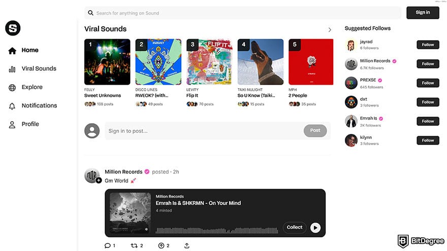 Best crypto earning app: Sound.xyz homepage.