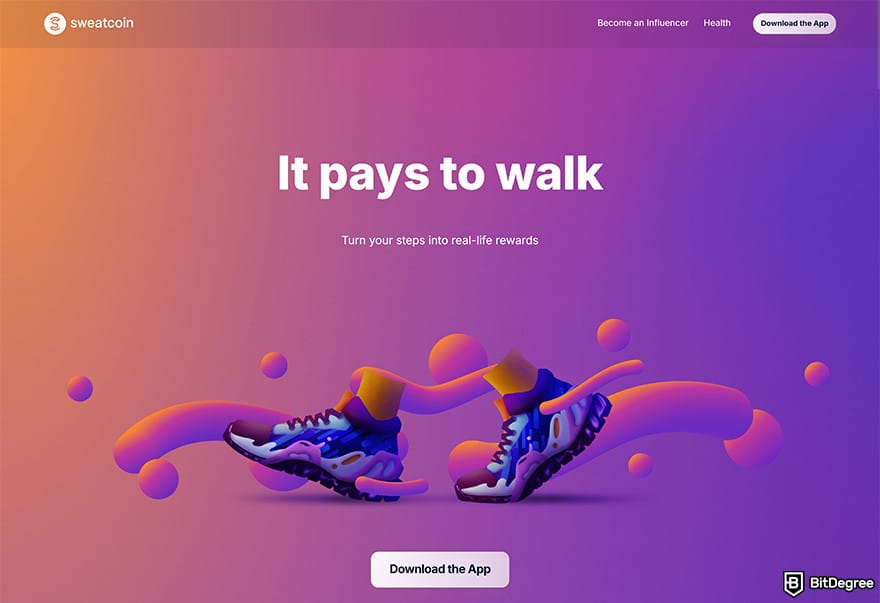 Best crypto earning app: Sweatcoin homepage.