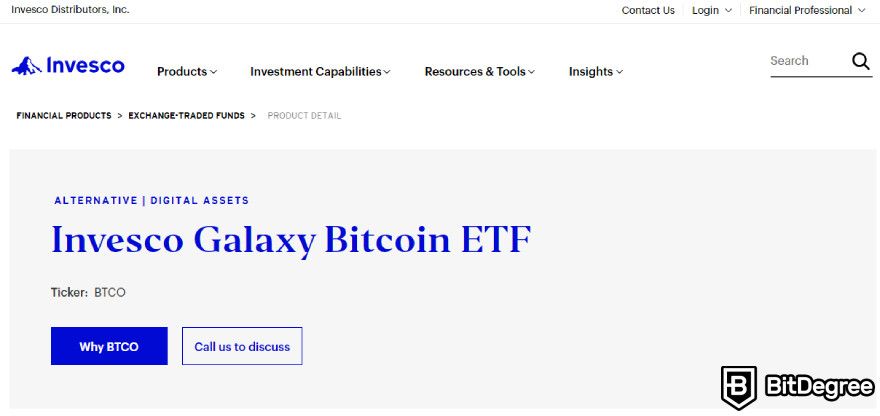 Melhores ETFs de Criptomoedas: Site oficial do Invesco Galaxy Bitcoin ETF.