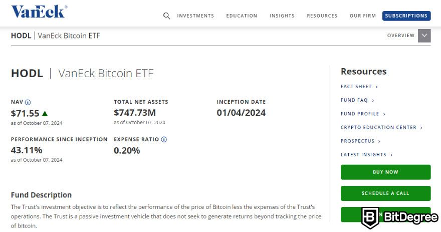 Melhores ETFs de Criptomoedas: VanEck Bitcoin ETF (HODL) página da web.