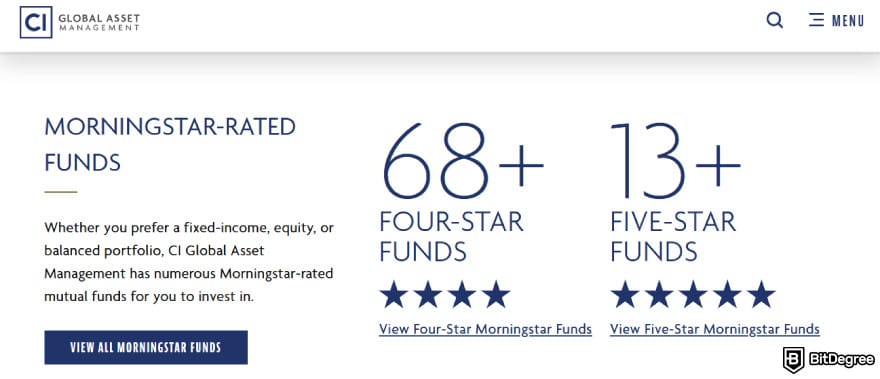 Best crypto ETF Canada: CI Global Asset Management Morningstar rating page.