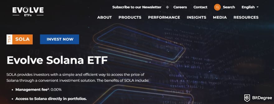 Best crypto ETF Canada: Evolve Solana ETF page.