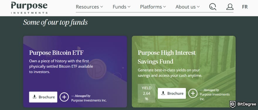 Best crypto ETF Canada: Purpose Investments' top funds page.