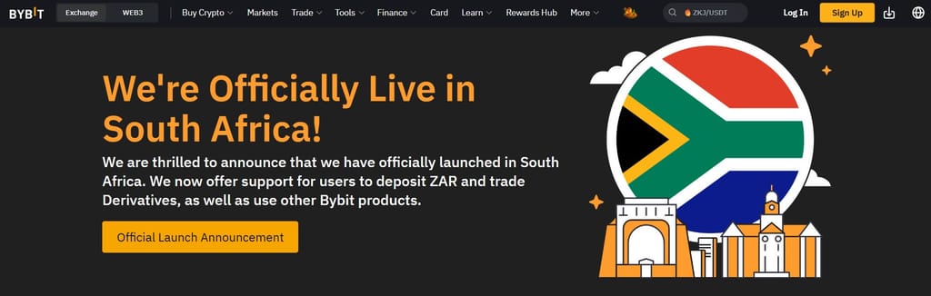 Best crypto exchange South Africa: Bybit's official announcement on ZAR deposits and trading services.