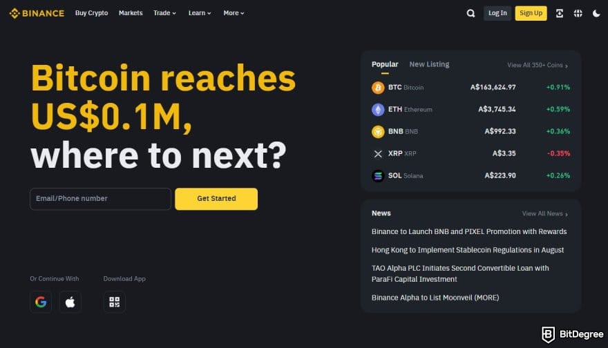 Best crypto exchange Australia: Binance homepage.