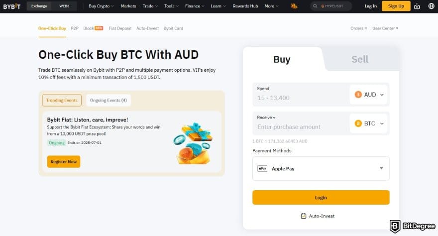 Best crypto exchange Australia: the One-Click Buy page on Bybit.