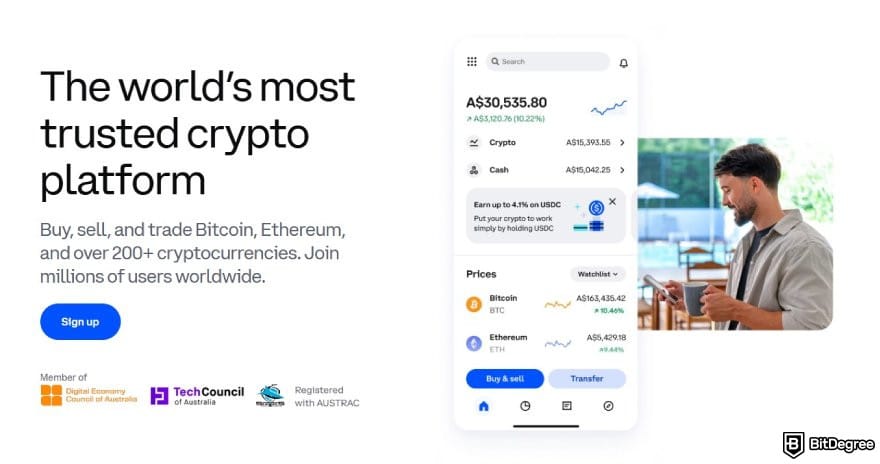 Best crypto exchange Australia: Coinbase Australia homepage.