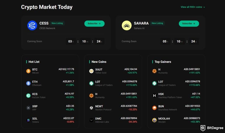 Best crypto exchange Australia: a section for crypto market on KuCoin's homepage.