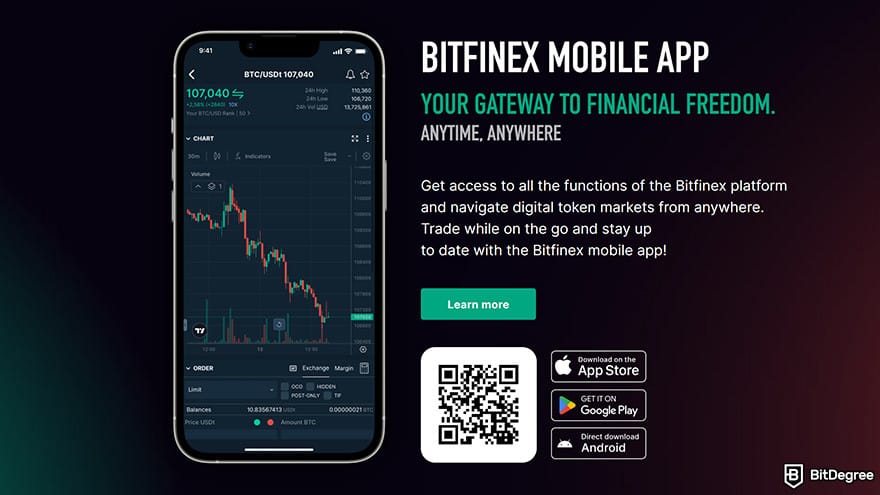 Best crypto exchange for day trading: the description of Bitfinex's mobile app.