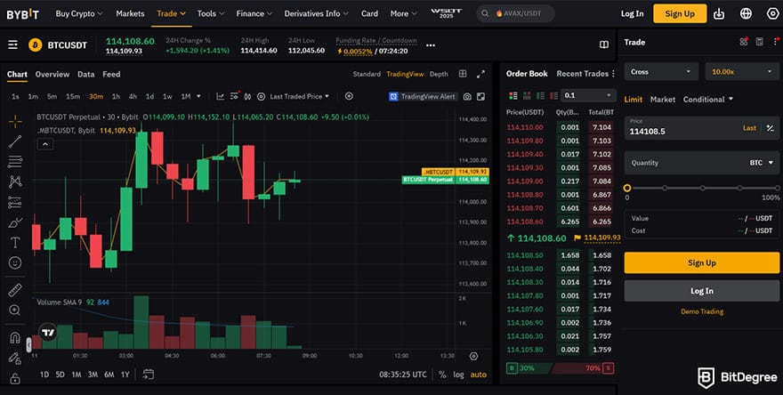 Best crypto exchange for day trading: the trading interface of Bybit.