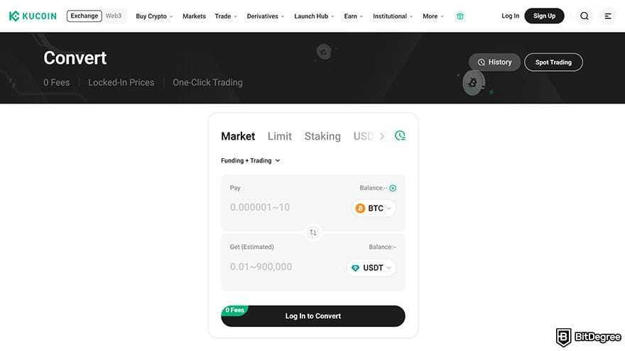 Best crypto exchange for day trading: the Convert page on KuCoin's website.