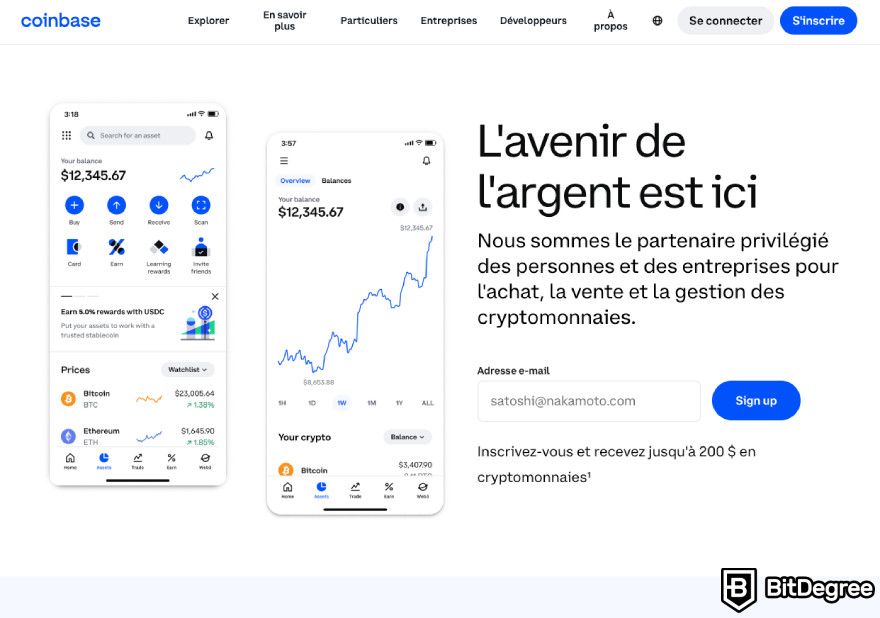 Best crypto exchange France: the Coinbase homepage in French.