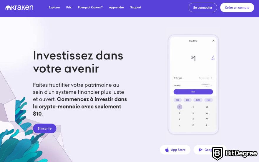 Best crypto exchange France: the Kraken homepage in French.